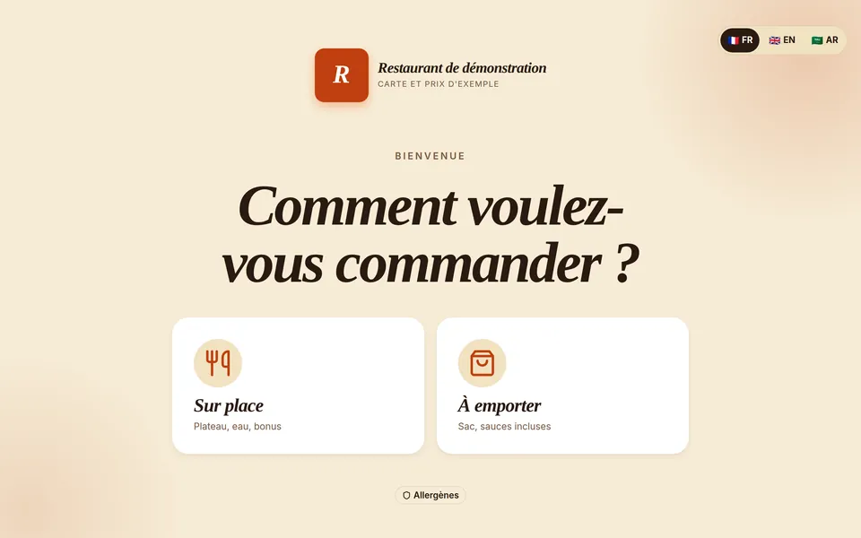 Écran « Accueil » de la borne, pris dans l’application réelle avec une carte d’exemple.